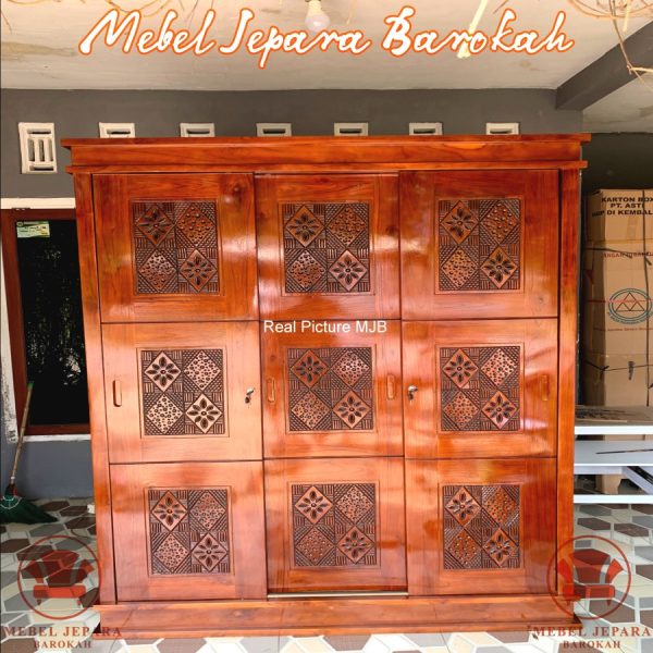 Lemari Pakaian 3 Pintu Sliding Kayu Jati Solid Minimalis Tanpa Cermin