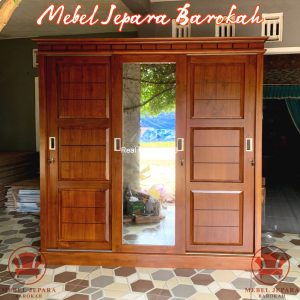 Lemari Pakaian 3 Pintu Sliding Kayu Jati Solid Minimalis dengan Cermin