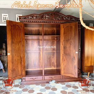 Lemari Pakaian 3 Pintu Ukir Kayu Jati Solid Minimalis Almari 3 Laci