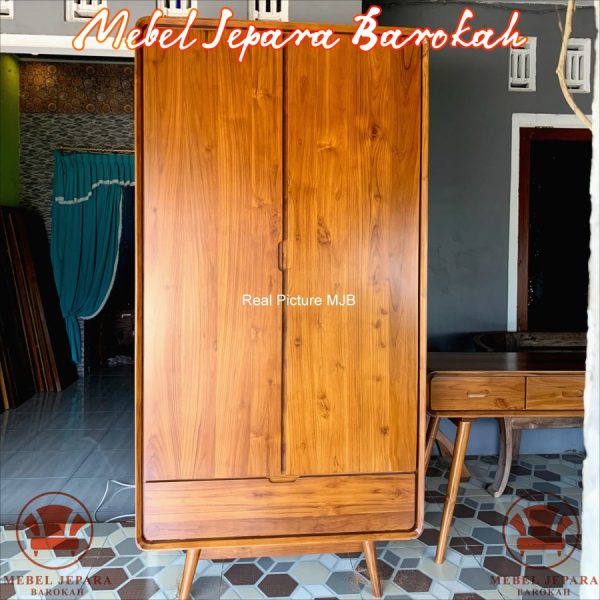 Lemari Pakaian Retro 2 Pintu Kayu Jati Minimalis Model Polos 1 Laci