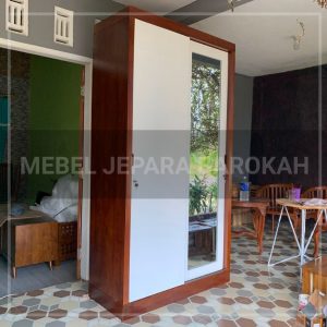 lemari pakaian 2 pintu sliding kaca kayu jati