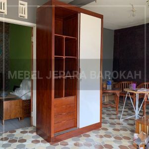 lemari pakaian minimalis 2 pintu sliding kaca kayu jati