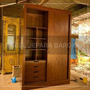 lemari pakaian minimalis 2 pintu sliding kayu jati