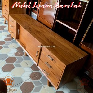 Bufet TV Pintu Sliding Kayu Jati Minimalis Kabinet TV 6 Laci Serbaguna