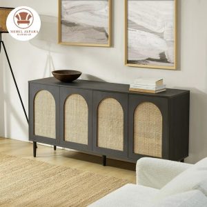 Lemari Kabinet 4 Pintu Kayu Jati Kombinasi Rotan Minimalis Meja Hias